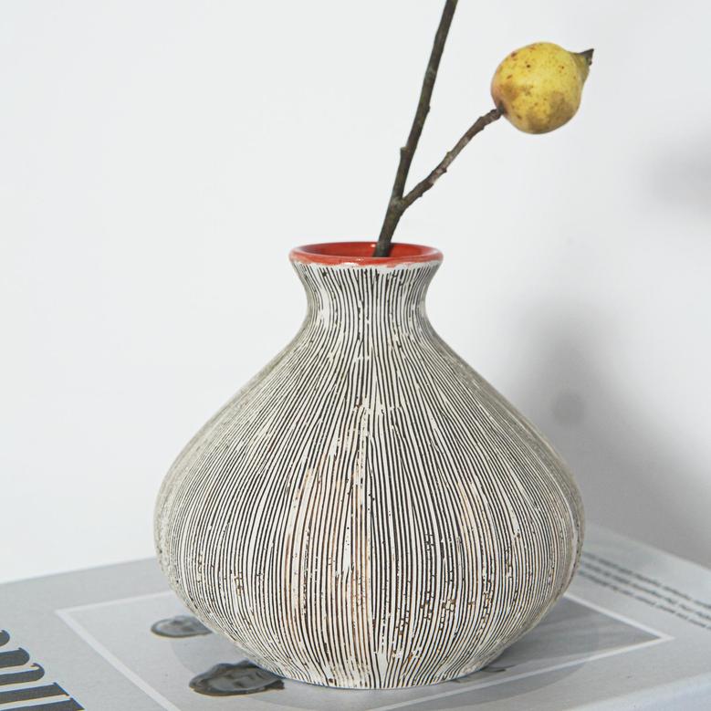 Nordic Style Embossed Ceramic Vase, Minimalist Textured Flower Vase White Black Striped, Small