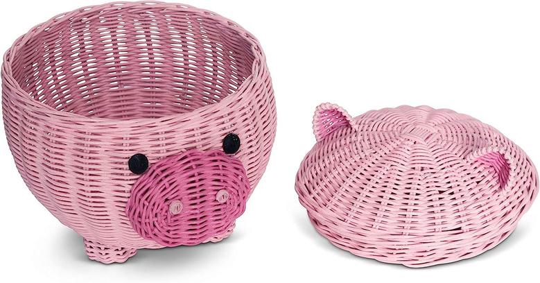 Pink Pig Basket Wicker Seagrass Storage Baskets With Lid Adorable Animal Shape Bamboo Basket With Lid