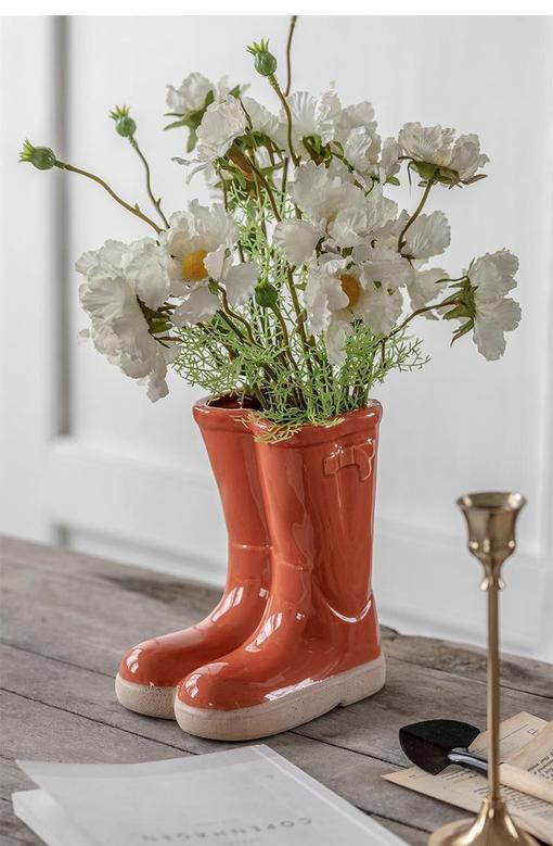Orange Rain Boots Shoe Flower Pot, Decorative Ceramic Vase, Home Decor, Garden Decoration