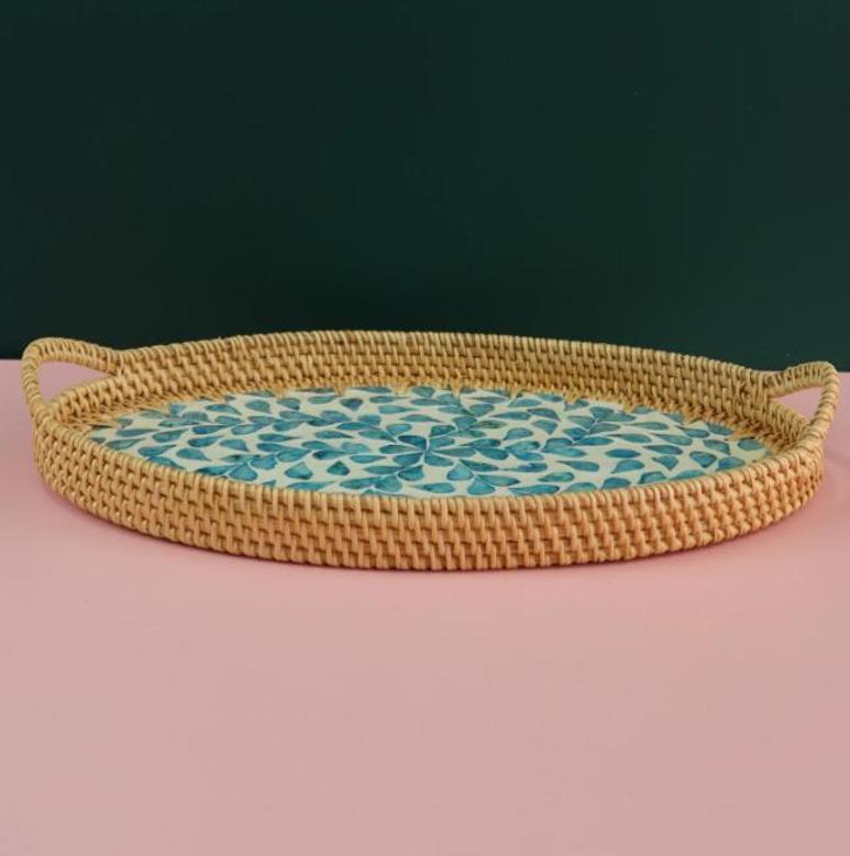 Rattan Blue Mosaic Rattan Oval Tray For Home Decor Rustic Style For Living Room