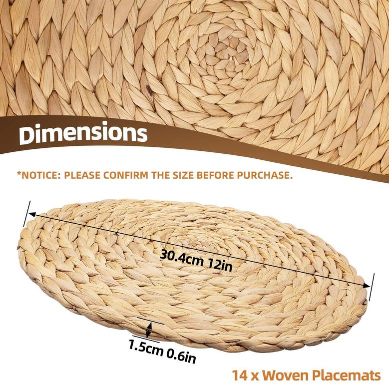 Round Natural Water Hyacinth Placemats Wicker Seagrass Rattan Placemats Non-Slip Weave Mat Pack 8