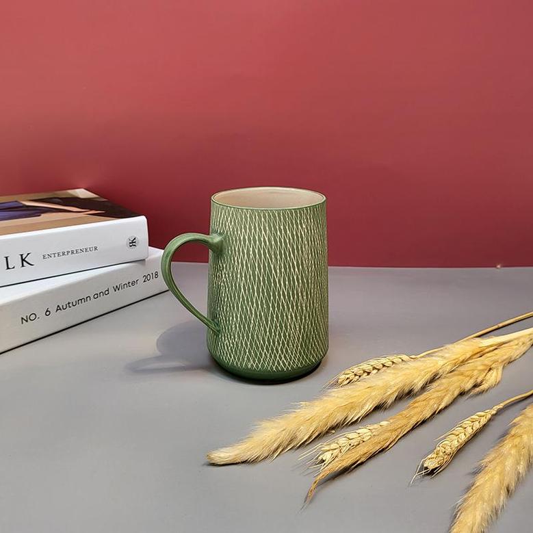 Rustic Ceramic Coffee Cup With Handle, Aesthetic Mug For Men Women, Boho Earth Tone Ceramic Mug For Home Decor, Green