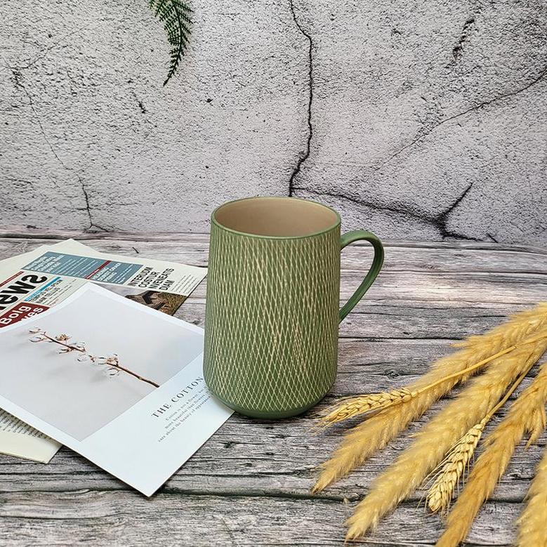 Rustic Ceramic Coffee Cup With Handle, Aesthetic Mug For Men Women, Boho Earth Tone Ceramic Mug For Home Decor, Green