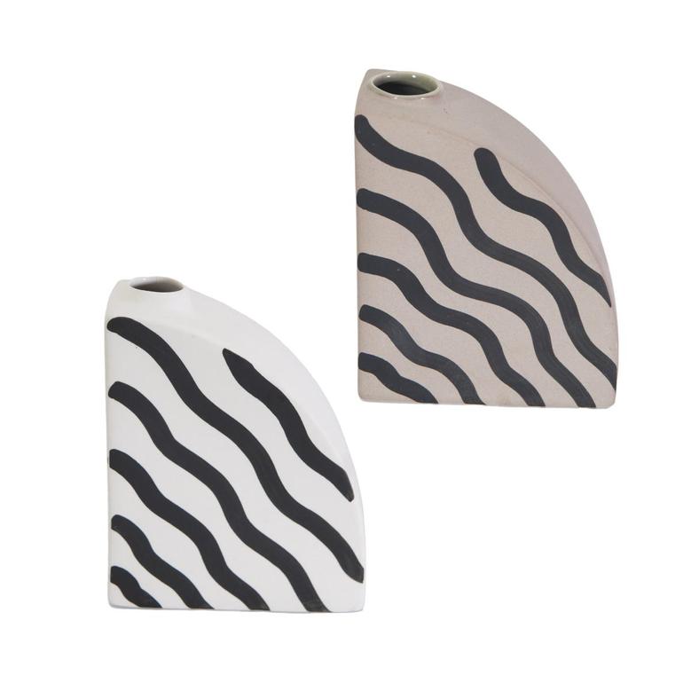 Set Of 2 Hand Painted Ceramic Vase For Home Decor, Modern Geometric Abstraction Decorative Vases Black White Ocean Wave Pattern