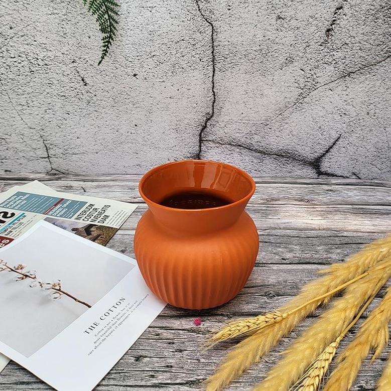 Small Ribbed Terracotta Ceramic Vase 700ml, Retro Rustic Flower Vase, Orange Vase Aesthetic Room Decor For Living Room 