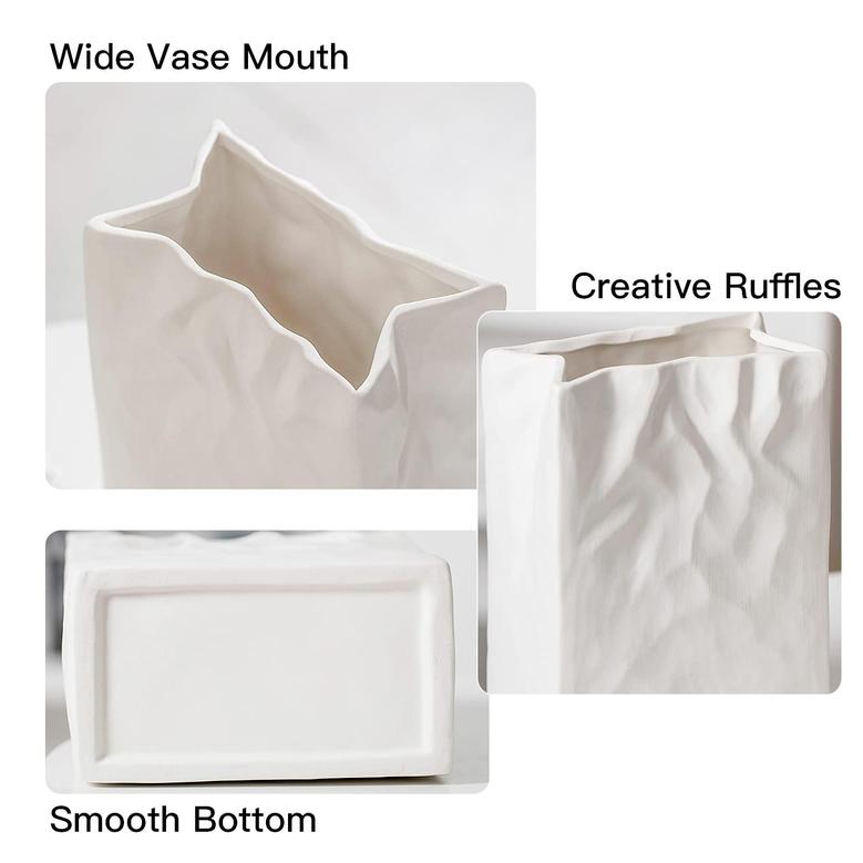 White Square Ceramic Vase Unique Square Wide Mouth Pleated Small Vase Dining Room Decor