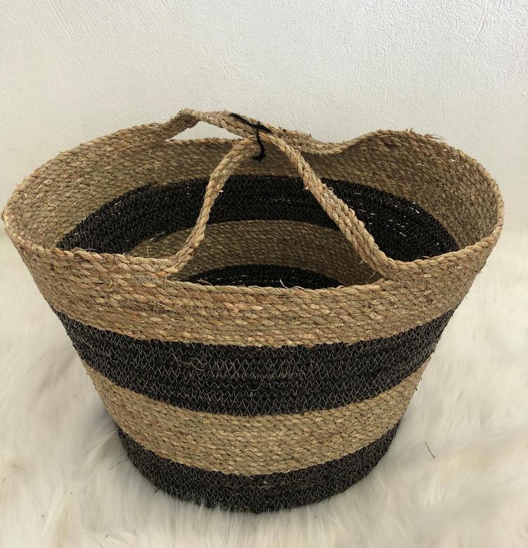 Striped Sedge Basket With Handles Large Seagrass Utility Basket For Home Decoration Laundry Picnic
