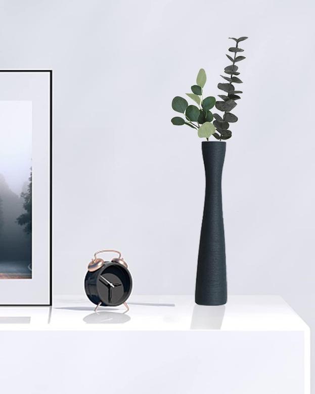 Tall Slim Dark Grey Ceramic Vase, Decorative Vase For Living Room Home Decoration
