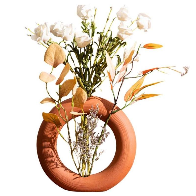 Terracotta Ceramic Vase Round Hollow Flower Art Vase Home Living Room Boho Decor