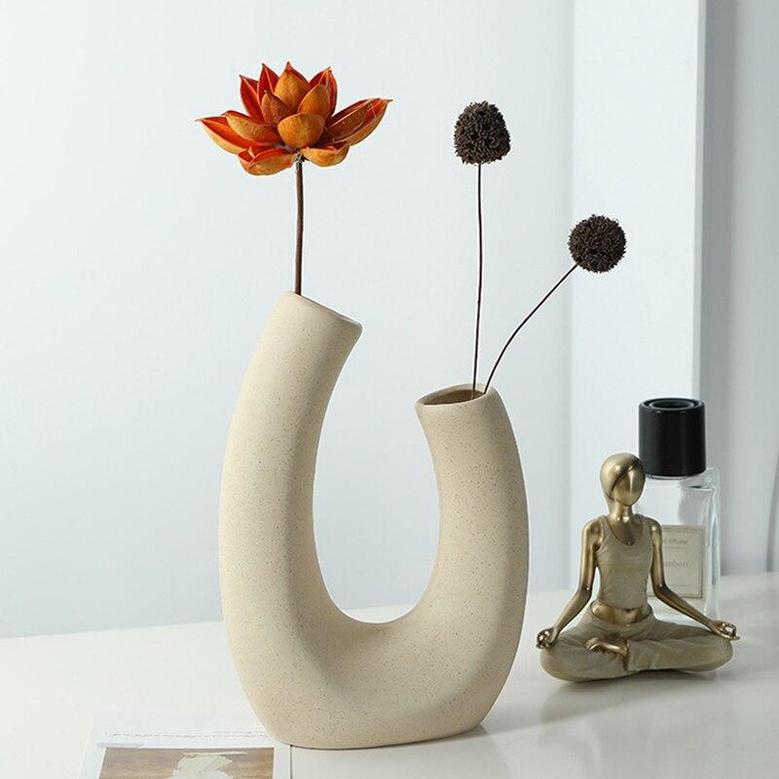 U Shape Ceramic Flower Vase, Home Office Living Room Boho Farmhouse Decor