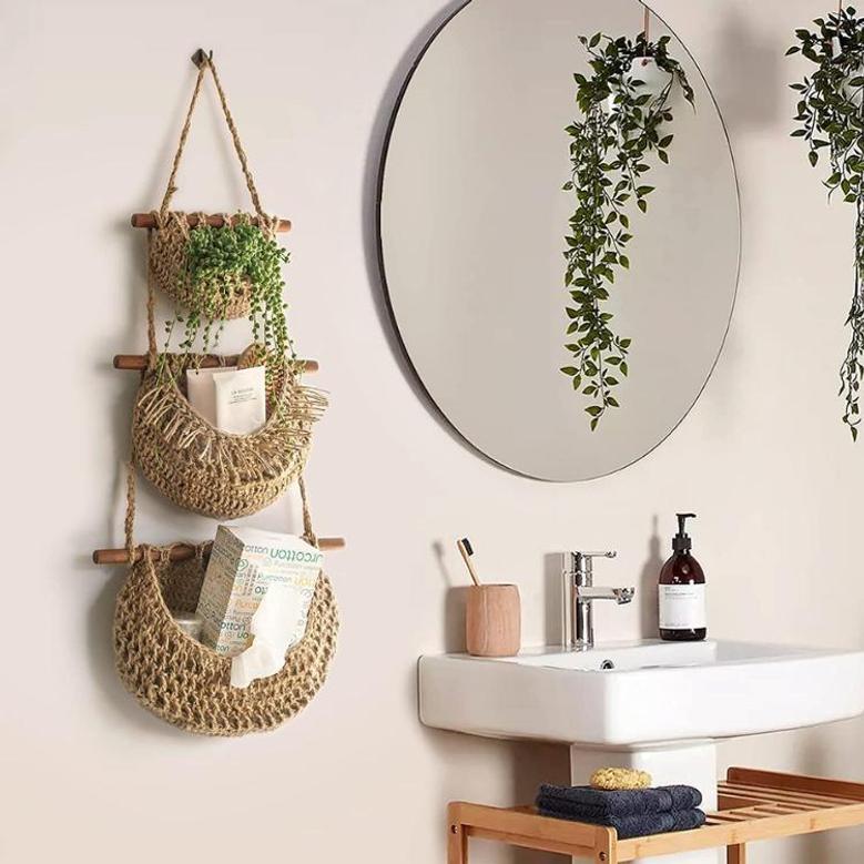 Jute Fruit Basket Wall Hanging Decor Woven Baskets Bohemian Kitchen Living Bathroom