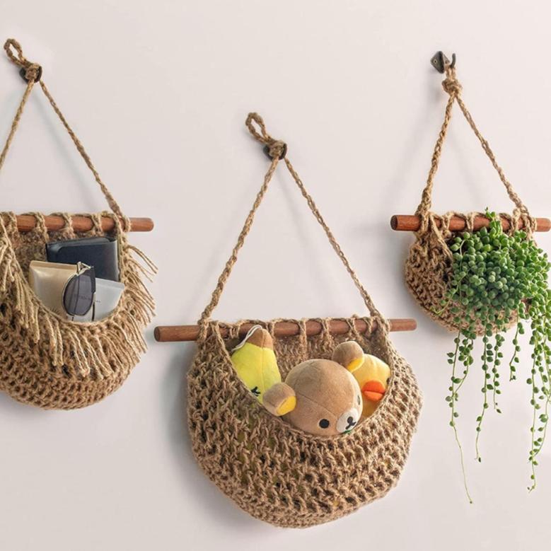 Jute Fruit Basket Wall Hanging Decor Woven Baskets Bohemian Kitchen Living Bathroom