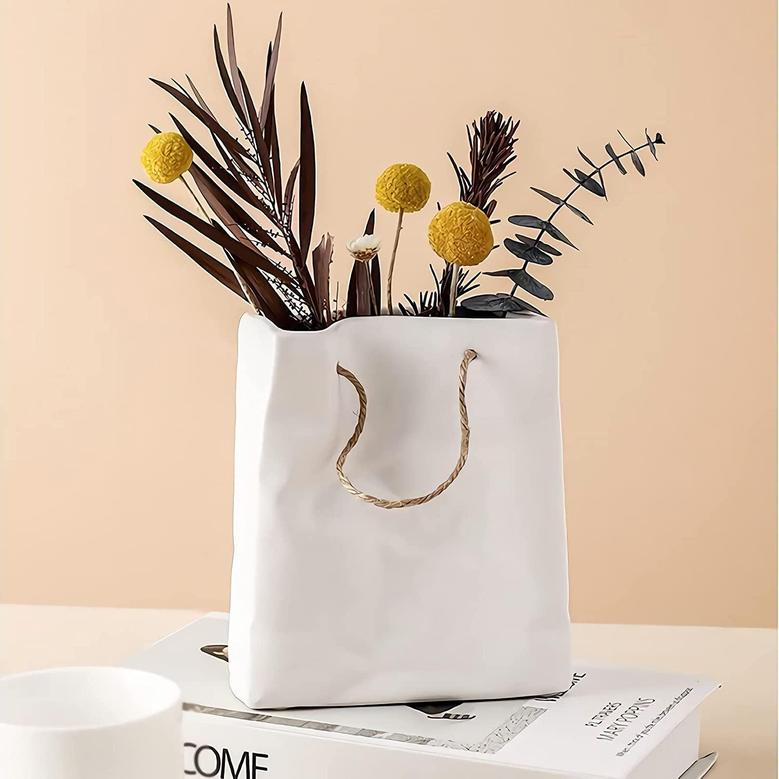 White Paper Bag Ceramic Vase, Exquisite Rustic, Elegant Ceramic Vase, Decorative Vase, Home Decor