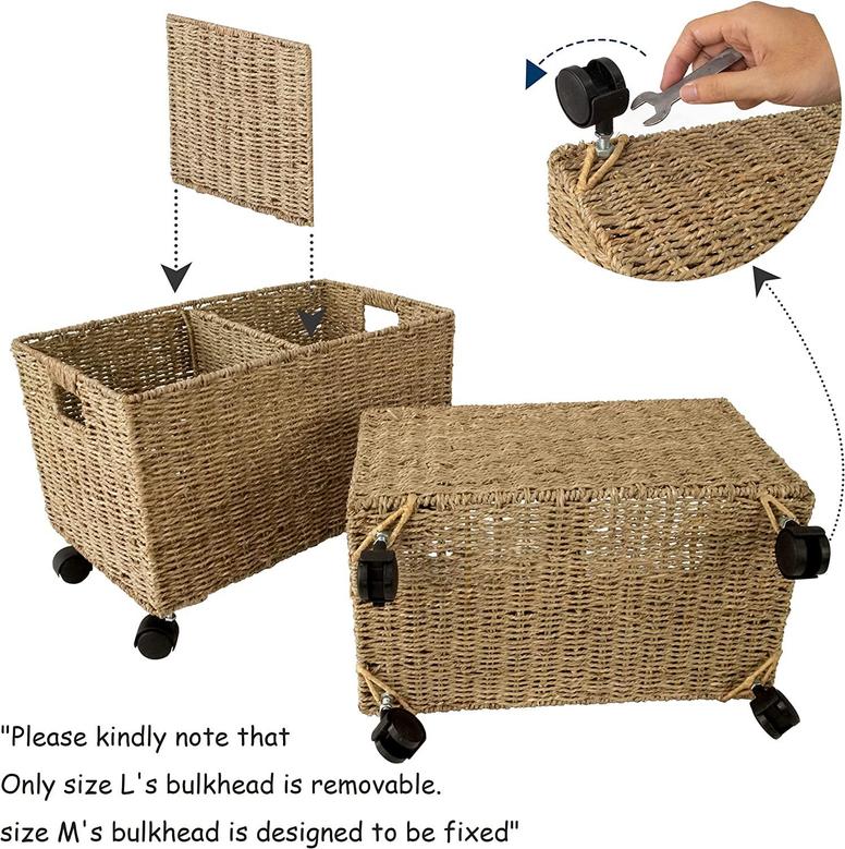 Wicker Basket On Wheels Straw Wire Willow Woven Baskets Kitchen Pantry Home Decor Set Of 2