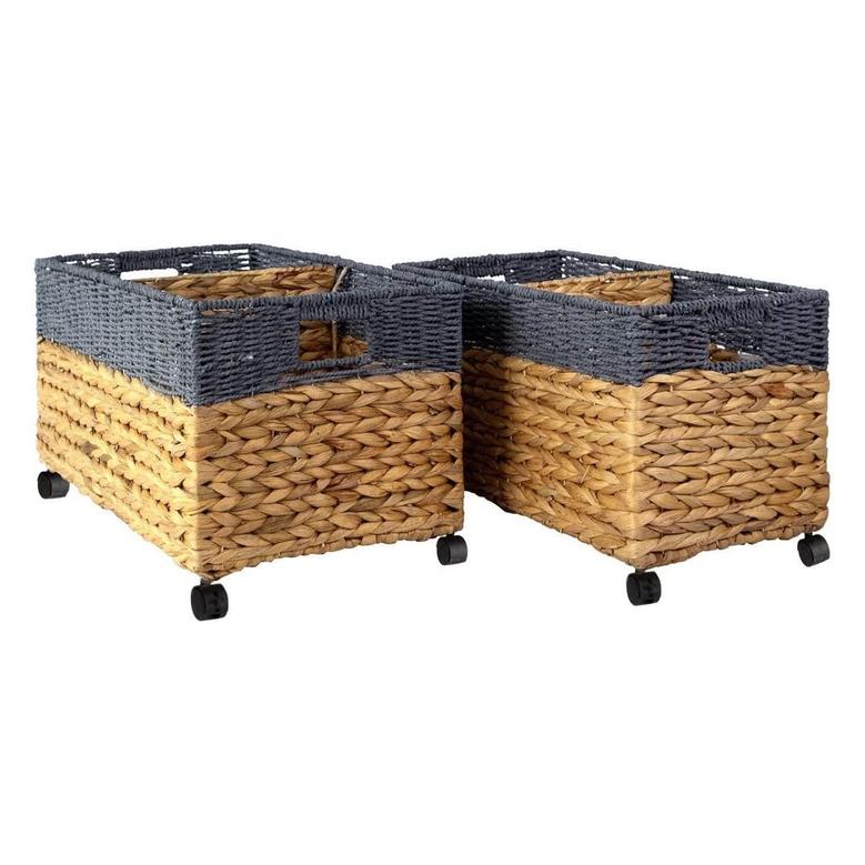 Wicker Basket On Wheels Straw Wire Willow Woven Baskets Home Decoration Set Of 2