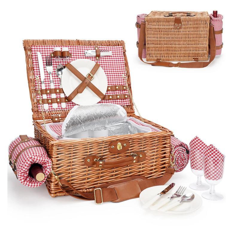 Wicker Basket Picnic Set, Washable Mat, Compartment Natural Wicker Hamper For Camping Outdoor Party Gift For Him