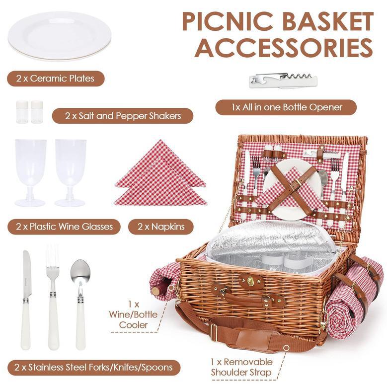 Wicker Basket Picnic Set, Washable Mat, Compartment Natural Wicker Hamper For Camping Outdoor Party Gift For Him