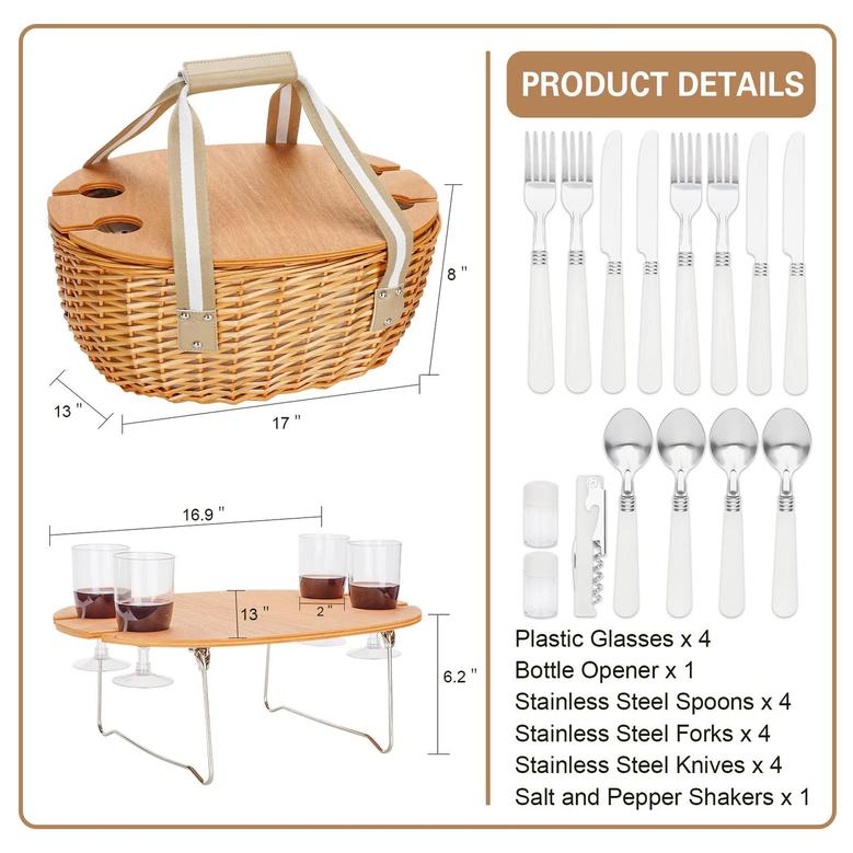 Vintage Wicker Basket Picnic Set, Insulated Cooler Compartment Cutlery Service Kits, Folding Table Set Camping Outdoor Party