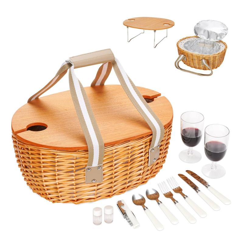Vintage Wicker Basket Picnic Set, Insulated Cooler Compartment Cutlery Service Kits, Folding Table Set Camping Outdoor Party