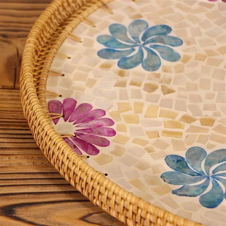 Wicker Rattan Basket Tray Floral Mosaic Wicker Tray Mother Of Pearl Rustic Home Decor