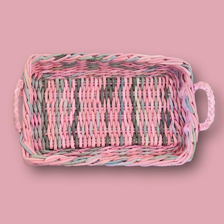 Pink Wicker Basket Handmade Woven Tray with Handles Boho Farmhouse Home Decor
