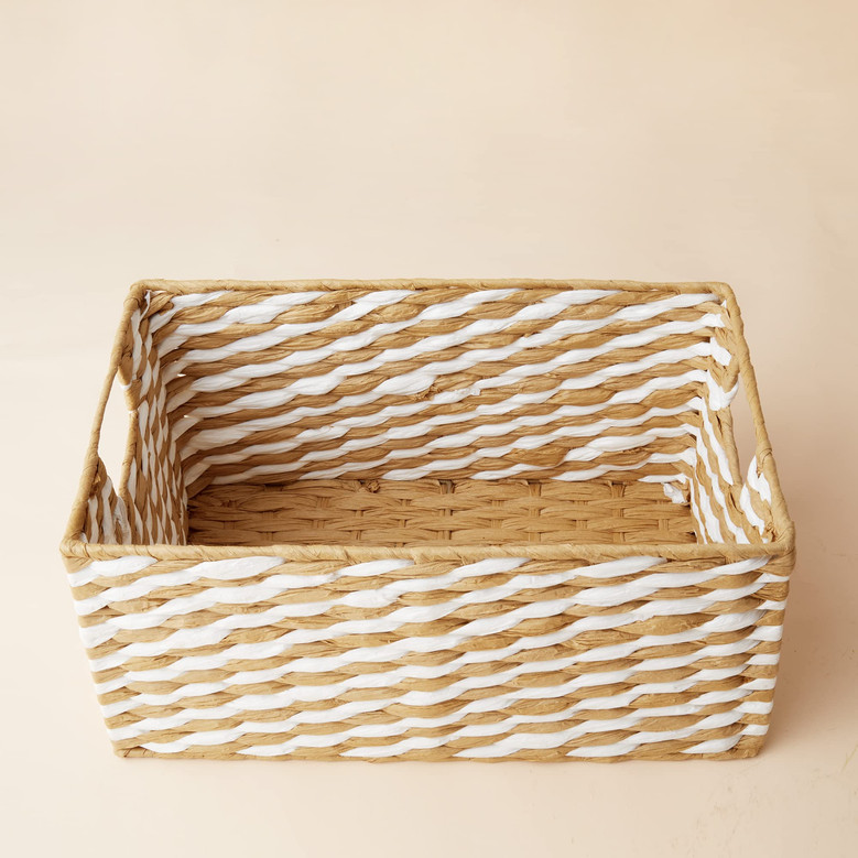 Beige White Rectangular Wicker Storage Baskets for Organizing with Wood Handles Set of 3