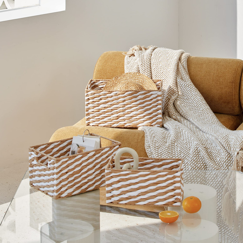 Beige White Rectangular Wicker Storage Baskets for Organizing with Wood Handles Set of 3