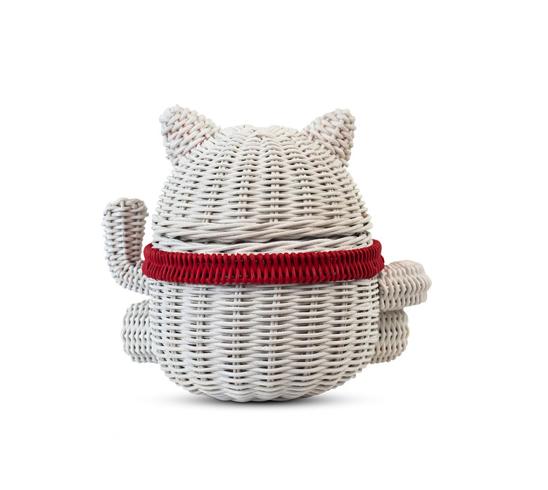 Cat Shaped Wicker Storage Basket with Lid | Rattan Decorative Bin & Shelf Organizer