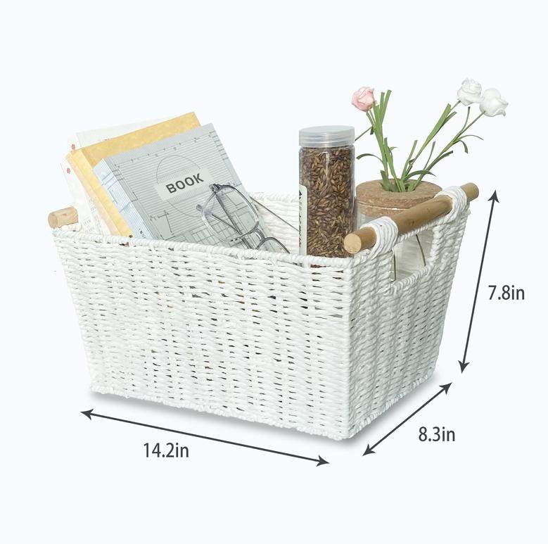 White Rectangular Woven Wicker Seagrass Storage Basket with Wooden Handle Set Of 2 Boho Farmhouse Decor