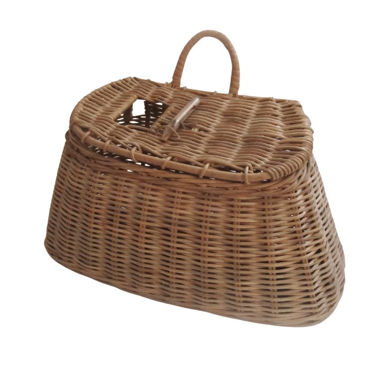 Fishing Creel Wicker Basket with Wooden Fish - Vintage Decorative Basket