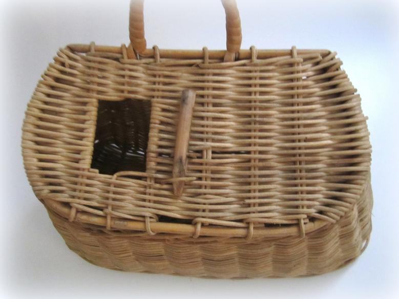 Fishing Creel Wicker Basket with Wooden Fish - Vintage Decorative Basket