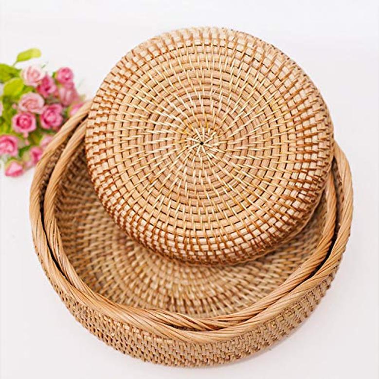 Wicker Fruit Basket Wave Round Storage Bowls Kitchen Counter Organizing Set of 3