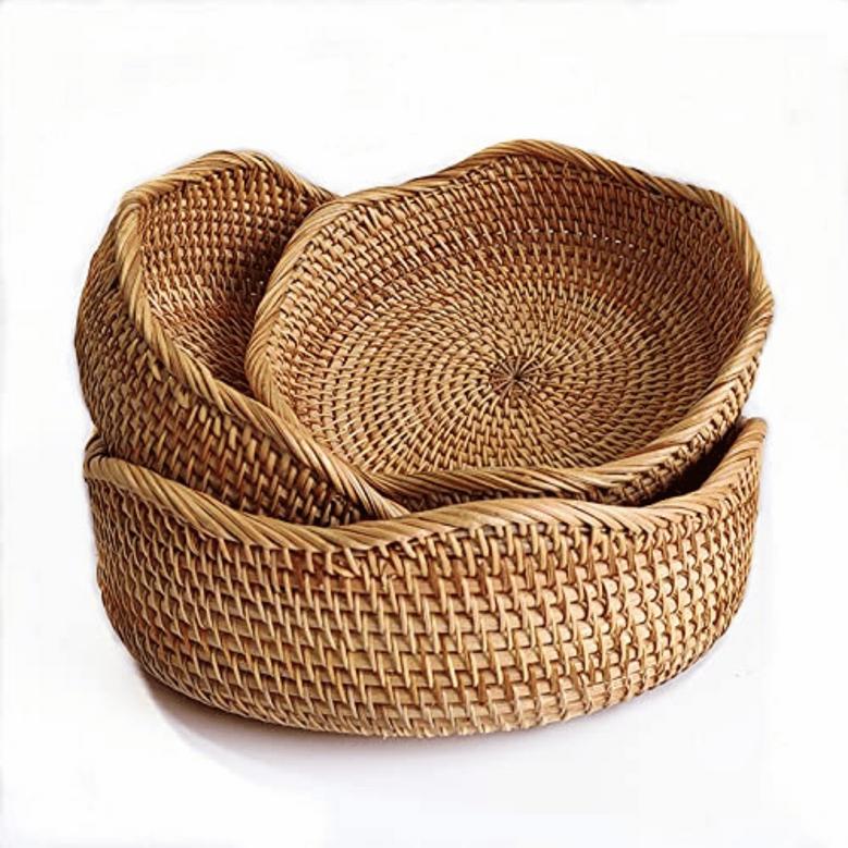 Wicker Fruit Basket Wave Round Storage Bowls Kitchen Counter Organizing Set of 3