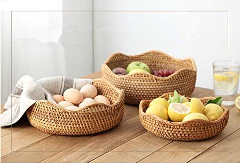 Wicker Fruit Basket Wave Round Storage Bowls Kitchen Counter Organizing Set of 3