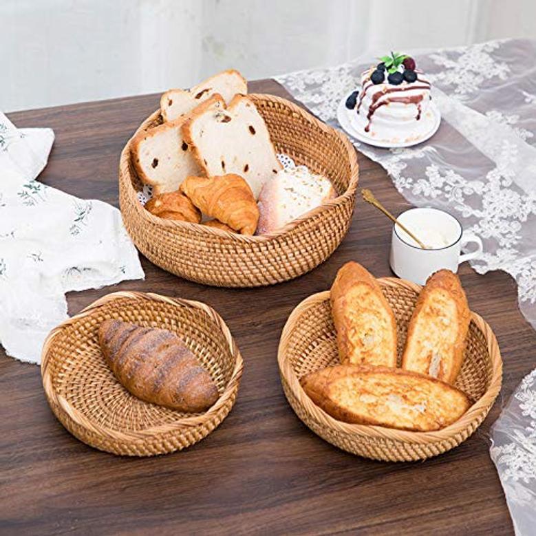 Wicker Fruit Basket Wave Round Storage Bowls Kitchen Counter Organizing Set of 3