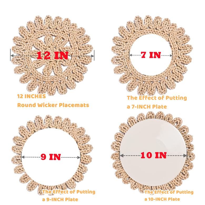 Wicker Placemats 12In Round Woven Dining Table with Napkin Rings Set of 6 