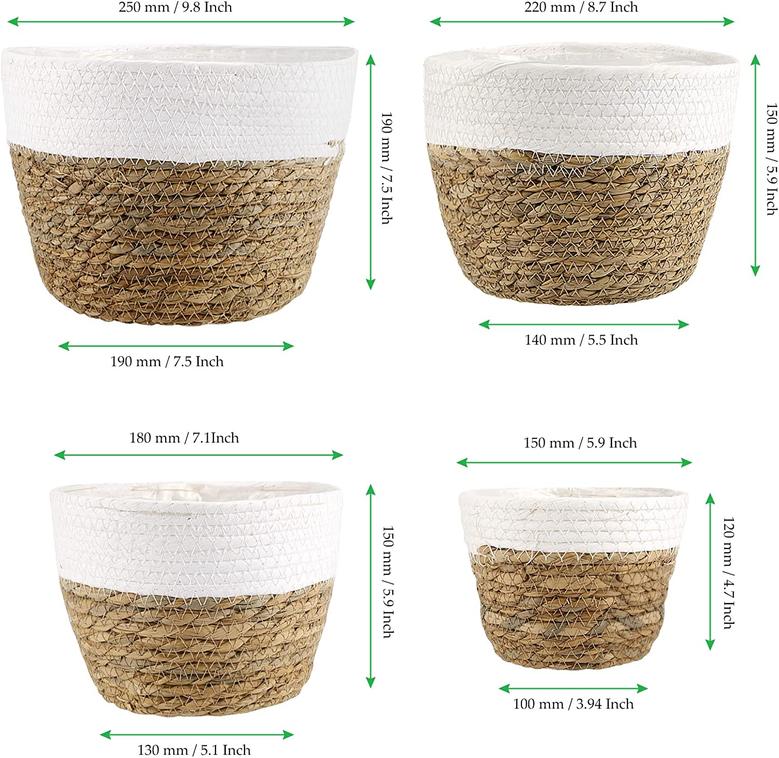 Brown Seagrass Planter Outdoor Set Of 4 Round Hyacinth Basket with Plastic Liner