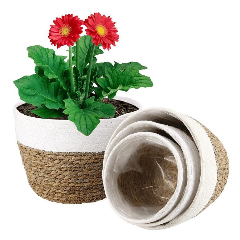 Brown Seagrass Planter Outdoor Set Of 4 Round Hyacinth Basket with Plastic Liner