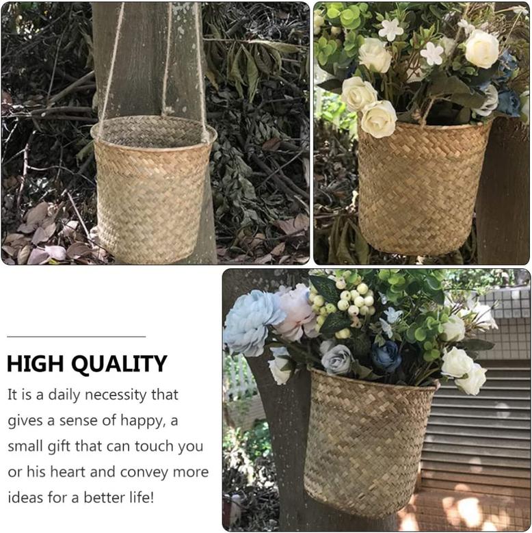 Straw Outdoor Wicker Planters Plant Seagrass Wall Shelf Basket Set Of 3 Hanging Woven Basket