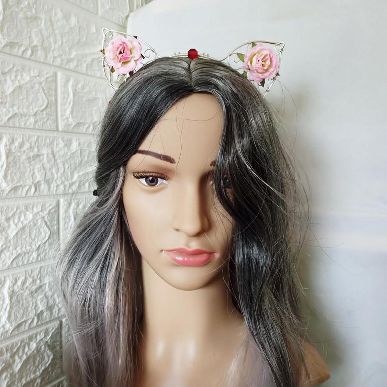 Fun Headband With Cat Ears, Cat Lady Headband, Cat Ears With Roses, Cute Headband