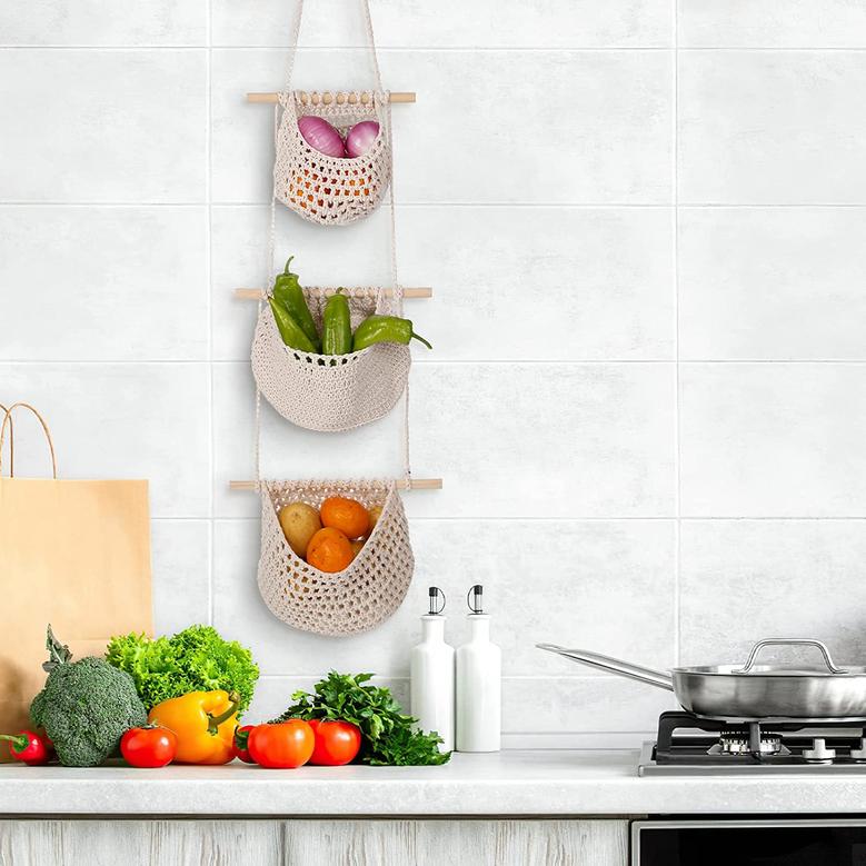 White Jute Fruit Basket Hanging Wall Vegetable Fruit Baskets 3 Tier for Kitchen