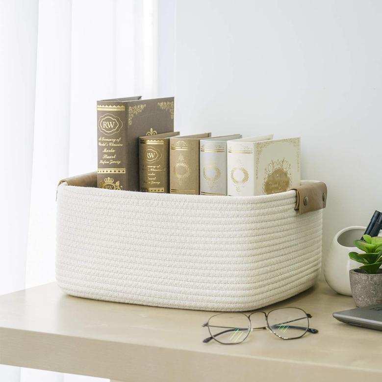White Rectangular Jute Basket Woven Basket with Handles for Baby Nursery Living Room Bathroom