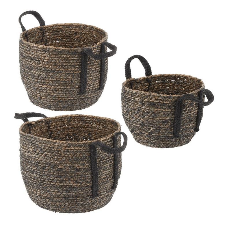 Black Jute Basket Rope Weave Circle-Shaped Basket Bin Storage Set of 3
