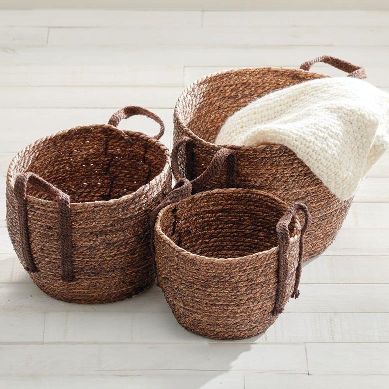 Brown Jute Baskets With Handles Set of 3 Rope Weave Circle-Shaped Basket Bin for Storage in Entryway