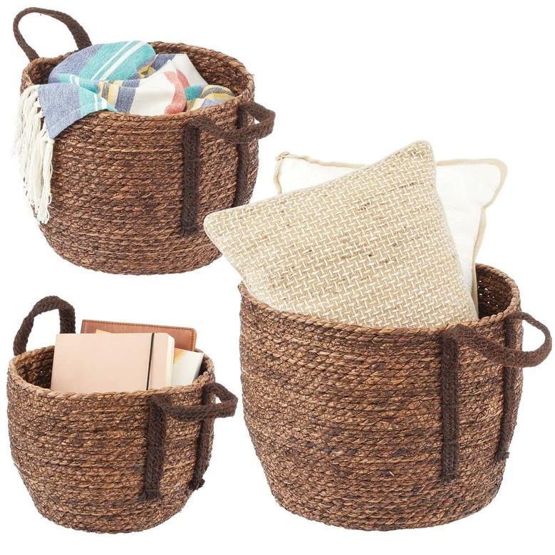 Brown Jute Baskets With Handles Set of 3 Rope Weave Circle-Shaped Basket Bin for Storage in Entryway