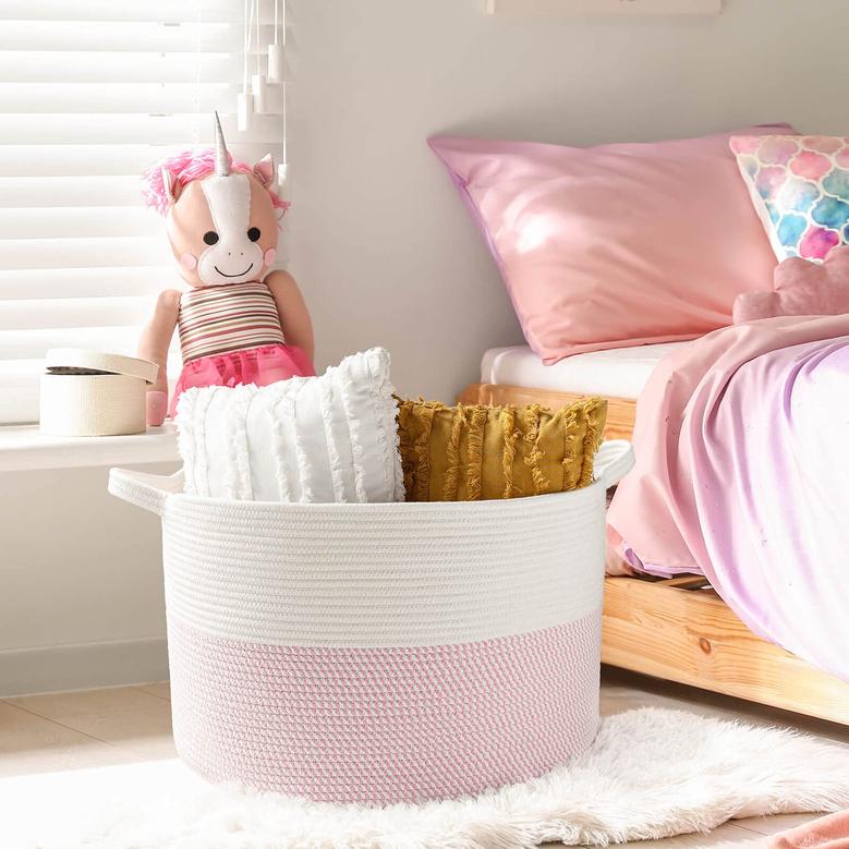 Pink Large Jute Basket with Handle Nursery Storage oy Storage Organizer