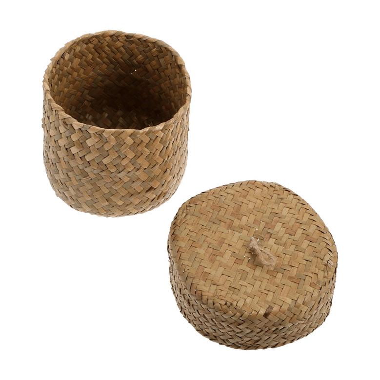 Beige Small Round Seagrass Water Hyacinth Basket Box With Lid for Organizing and Decoration
