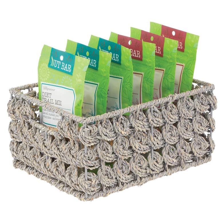 Grey Seagrass Baskets For Shelves Set of 6 Rectangular Seagrass Storage Bins with Handles