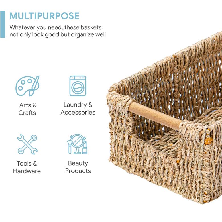 Seagrass Utility Baskets For Shelves Set of 3 Small Wicker Baskets for Organizing Bathroom