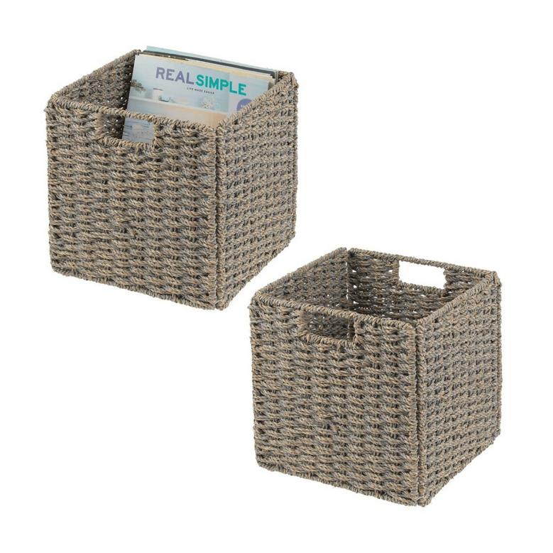 Grey Seagrass Storage Cube Set of 2 Basket Organizer with Handles Home Decor